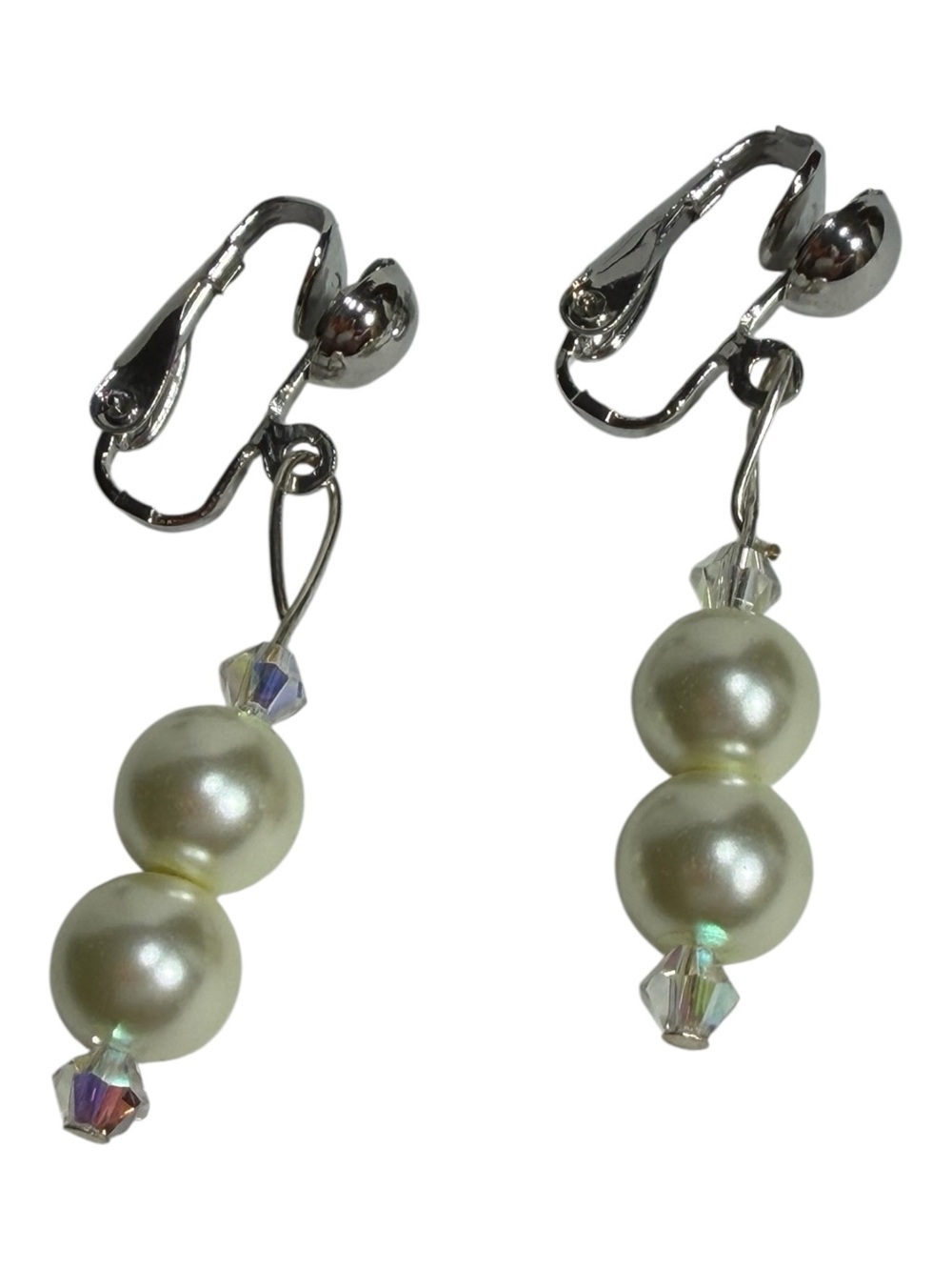 Cream Faux Pearl & Iridescent Bicone Crystal Beaded Clip On Earrings Retro